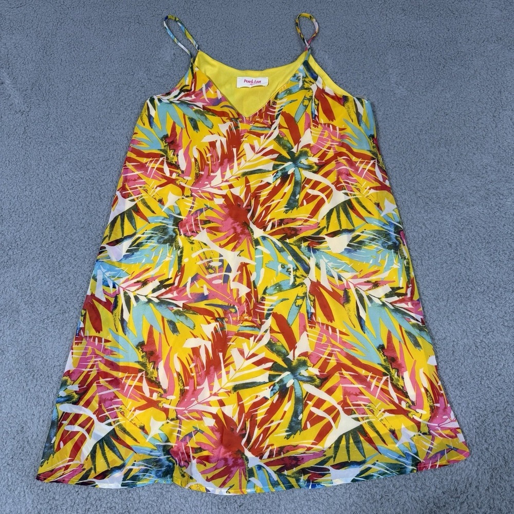 Peach Love California Dress Small Colorful Botanical Bright Spaghetti Lined